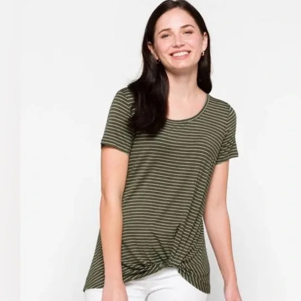 Nine Britton Levie Knot Front Knit Tee, XS, Green and white striped